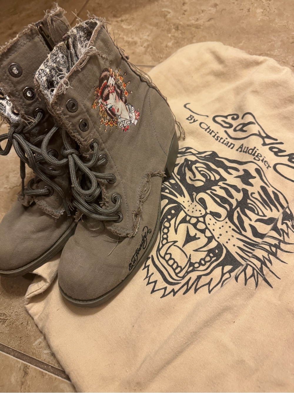 Ed Hardy Olive Green Canvas Ankle Boots with Embroidered Graphic